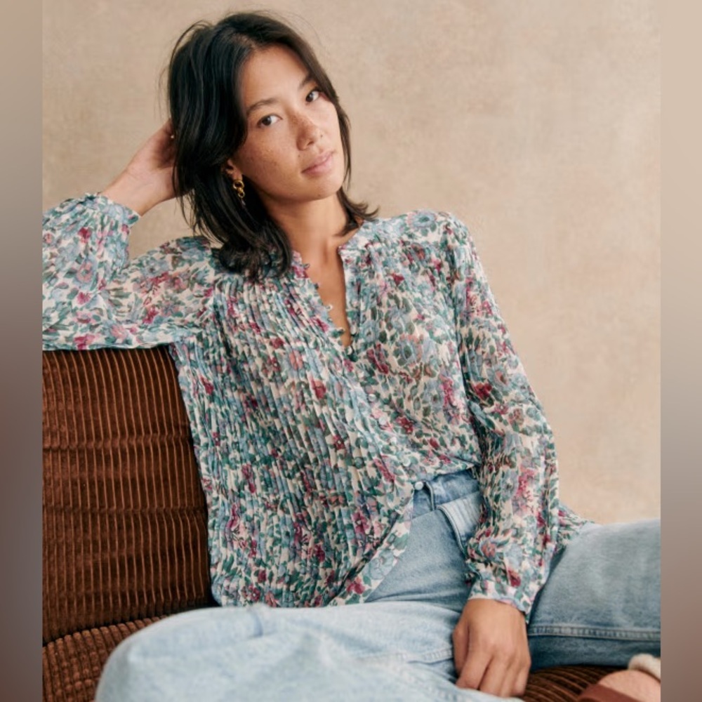 Sezane Floral Pintuck Blouse in Teal, Pink and Cream